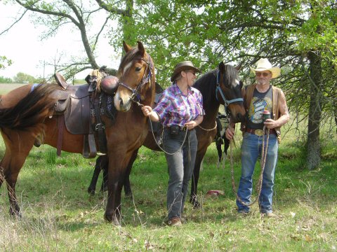 Spider and Nadine with Peruvian Paso geldings Primero and Libro, near Seminole, OK